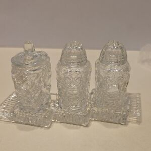 Vintage Bohemia Cut Glass Crystal Salt Pepper Lidded Jar With Tray